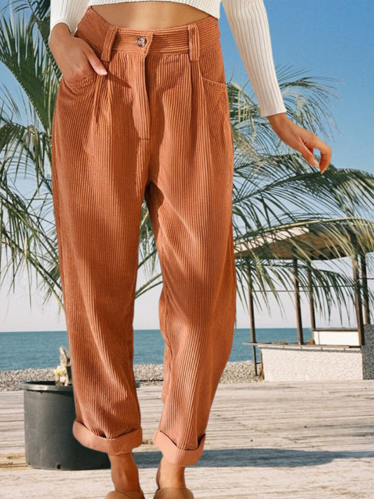 Zell | Stylische hochtaillierte Cordhose für Damen aus weichem Material für jede Gelegenheit | aprikose