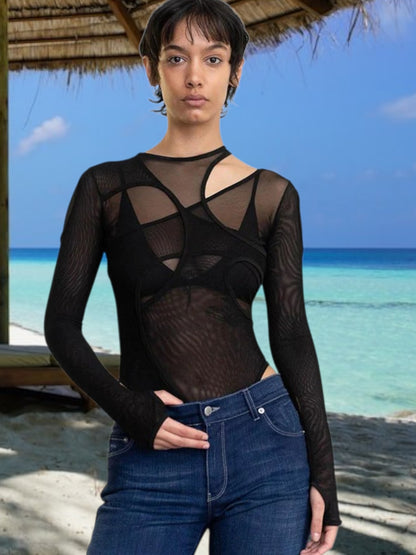 Zivora | Damen Bodysuit mit asymmetrischem Schnitt und grafischen Details, langarm, pflegeleicht | Schwarz