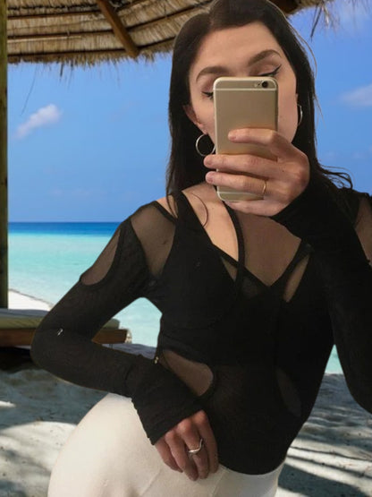 Zivora | Damen Bodysuit mit asymmetrischem Schnitt und grafischen Details, langarm, pflegeleicht | Schwarz 3