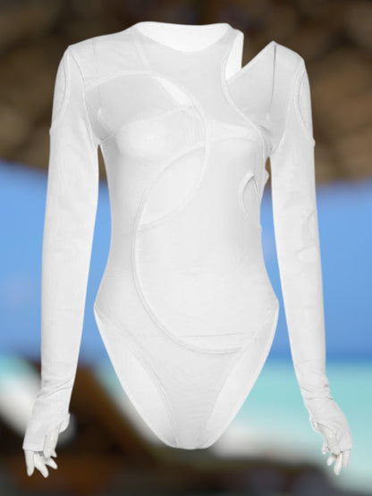 Zivora | Damen Bodysuit mit asymmetrischem Schnitt und grafischen Details, langarm, pflegeleicht | WeiB 3