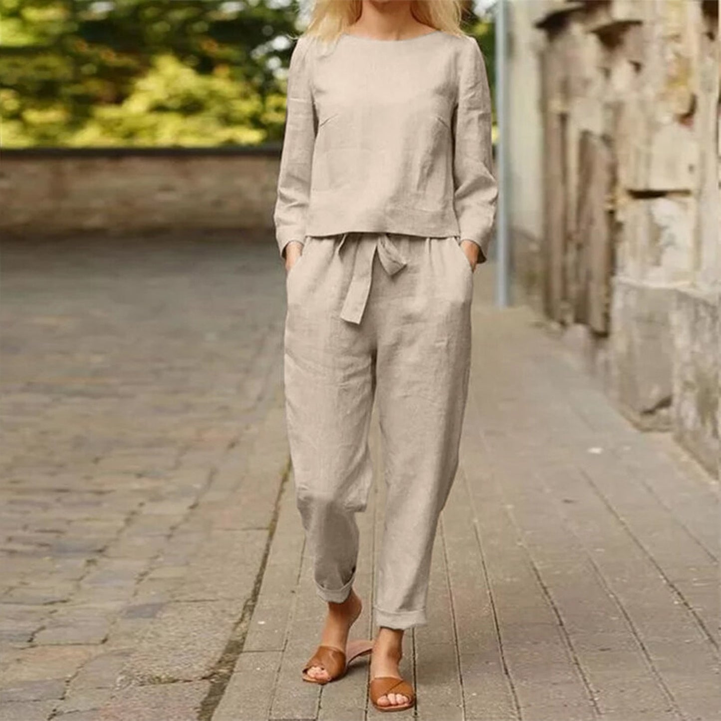 Zweiteiliges Damen Herbst-Outfit mit Rundhals-Shirt & Hose mit Gummibund – Nia 0