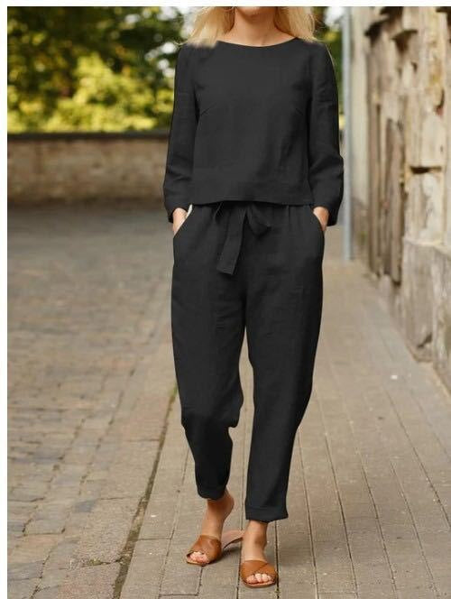 Zweiteiliges Damen Herbst-Outfit mit Rundhals-Shirt & Hose mit Gummibund – Nia 1