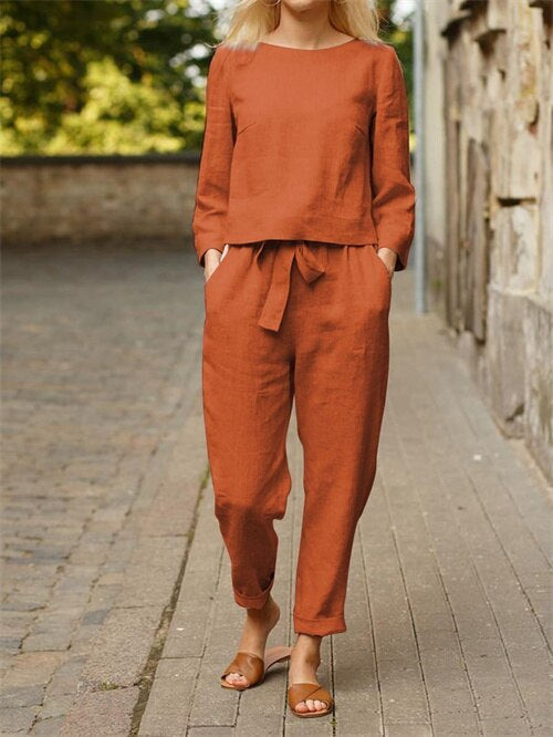 Zweiteiliges Damen Herbst-Outfit mit Rundhals-Shirt & Hose mit Gummibund – Nia 2