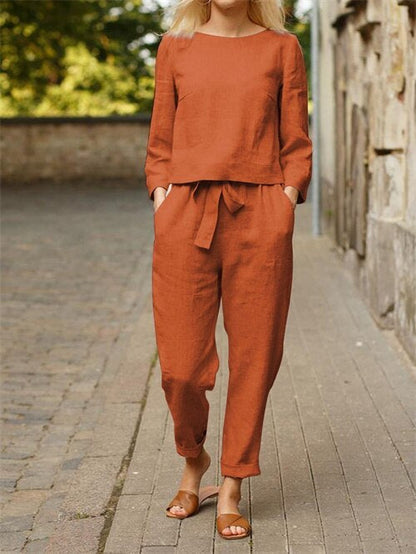 Zweiteiliges Damen Herbst-Outfit mit Rundhals-Shirt & Hose mit Gummibund – Nia 2