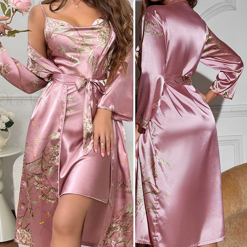 Zweiteiliges Satin-Nachthemd & Kimono mit Blumenprint – Noelle 6