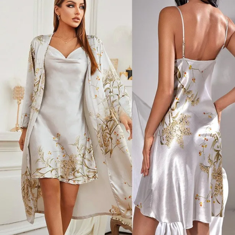 Zweiteiliges Satin-Nachthemd & Kimono mit Blumenprint – Noelle 9