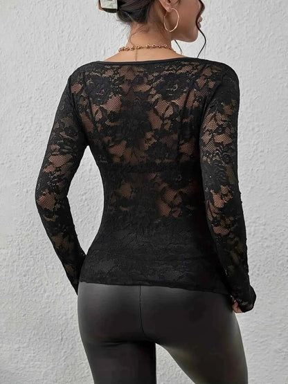 lina – transparentes long-sleeve spitzen-top mit herz-ausschnitt 1