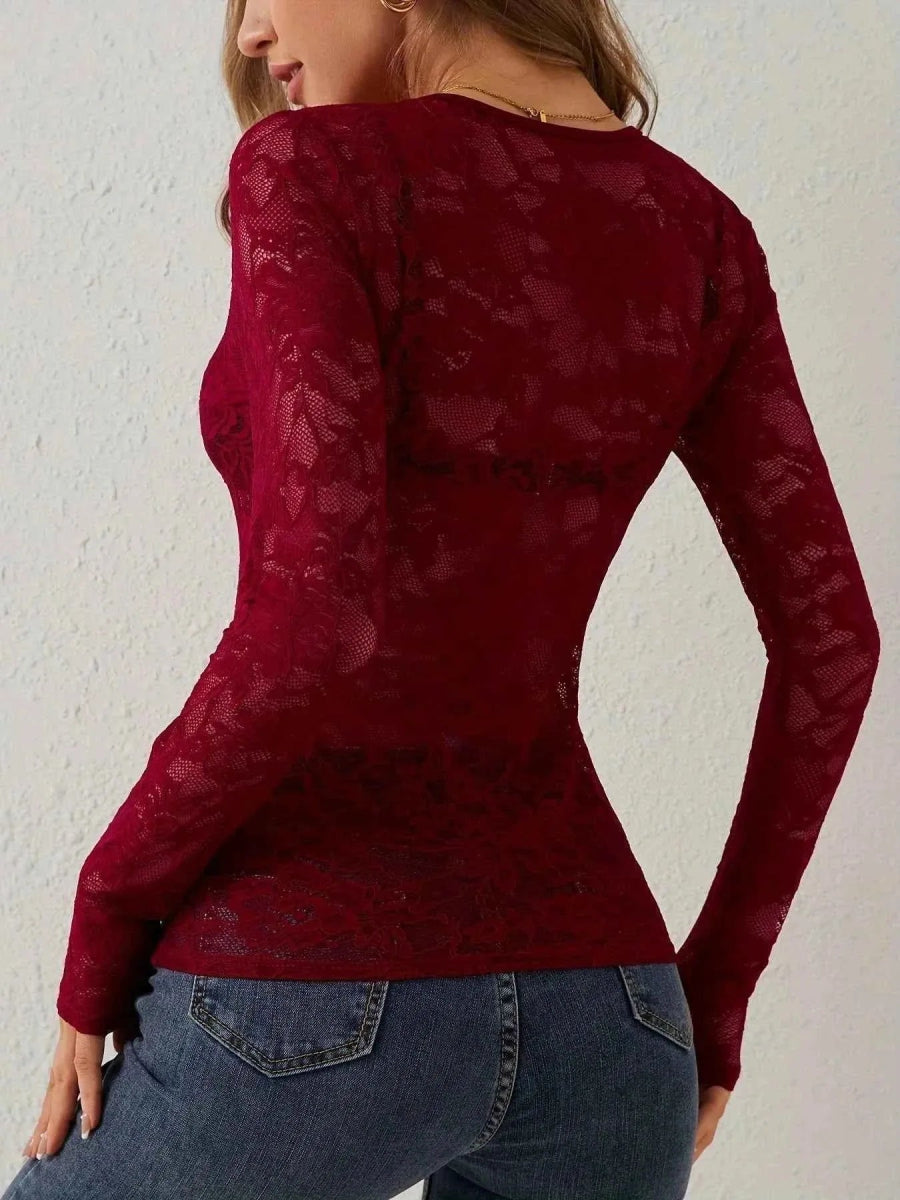 lina – transparentes long-sleeve spitzen-top mit herz-ausschnitt 7