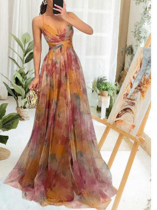 Ärmelloses Maxikleid mit Blumenmuster und verstellbarem Rückenband | Orange